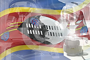 Microscope on Swaziland flag - science development conceptual background. Research in nanotechnology or genetics, 3D illustration