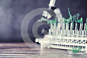 Microscope and test partings on the table in the laboratory