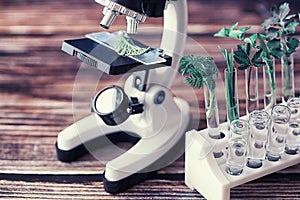 Microscope and test partings on the table in the laboratory