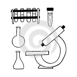 microscope and test tubes hand drawn doodle. , scandinavian, nordic, minimalism, monochrome. icon. medicine, laboratory