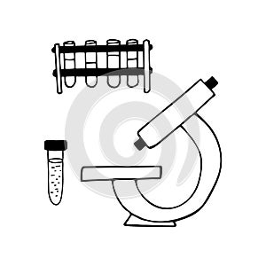 microscope and test tubes hand drawn doodle. , scandinavian, nordic, minimalism, monochrome. icon. medicine, laboratory