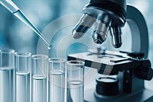 Microscope and test tubes with liquid in a laboratory setting science research