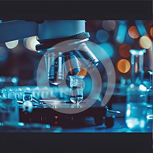 Microscope and test tubes in scientific laboratory, science research and development concept