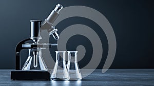 A microscope and test tubes on a table.