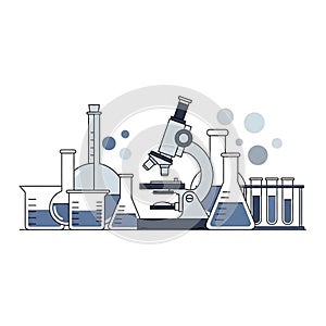 Microscope various beakers flasks and test tubes filled with liquid