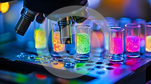 Microscope view of bioengineered cells glowing.