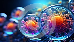 Microscope view of bioengineered cells glowing in different colors, breakthrough biotech
