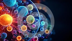 power Microscope view of bioengineered cells glowing in different colors, breakthrough biotech