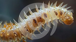 A microscope view of a long segmented wormlike egg. The segments are lined with tiny spines and the egg has two distinct