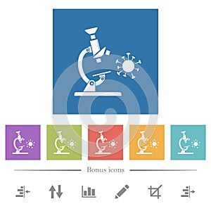 Microscope and virus flat white icons in square backgrounds
