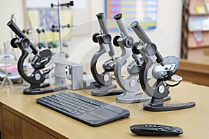 Microscopes on a school desk