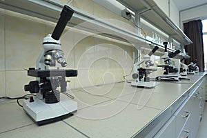 Microscopes set for studying in the school laboratory