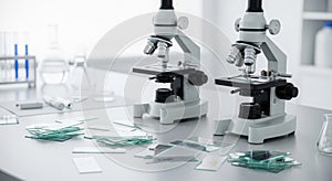 Microscopes and Slides in Laboratory Setting