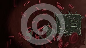 microscopic 3D rendering view of virus shaped as symbol of address card inside vein with red blood cells