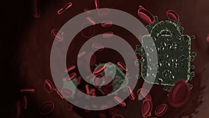 microscopic 3D rendering view of virus shaped as symbol of bag inside vein with red blood cells