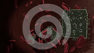 microscopic 3D rendering view of virus shaped as symbol of building inside vein with red blood cells
