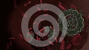 microscopic 3D rendering view of virus shaped as symbol of check  inside vein with red blood cells