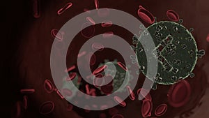 microscopic 3D rendering view of virus shaped as symbol of chevron circle left inside vein with red blood cells