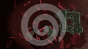 microscopic 3D rendering view of virus shaped as symbol of crop alt inside vein with red blood cells