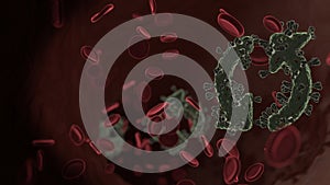 microscopic 3D rendering view of virus shaped as symbol of double refresh arrow inside vein with red blood cells