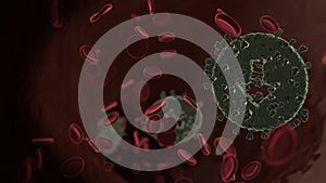 microscopic 3D rendering view of virus shaped as symbol of down arrow in circle inside vein with red blood cells
