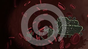 microscopic 3D rendering view of virus shaped as symbol of folder open inside vein with red blood cells
