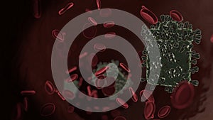 microscopic 3D rendering view of virus shaped as symbol of garbage inside vein with red blood cells