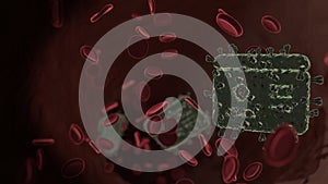 microscopic 3D rendering view of virus shaped as symbol of id card inside vein with red blood cells