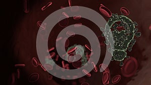 microscopic 3D rendering view of virus shaped as symbol of idea inside vein with red blood cells