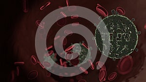 microscopic 3D rendering view of virus shaped as symbol of internet inside vein with red blood cells