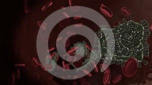 microscopic 3D rendering view of virus shaped as symbol of money inside vein with red blood cells