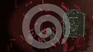 microscopic 3D rendering view of virus shaped as symbol of notes medical inside vein with red blood cells