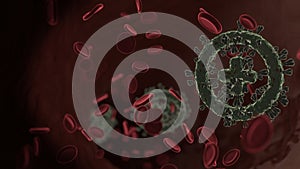 microscopic 3D rendering view of virus shaped as symbol of round inside vein with red blood cells