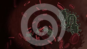 microscopic 3D rendering view of virus shaped as symbol of usb cable inside vein with red blood cells