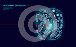 Microscopic animal cell. Modified GMO human cell gene therapy engeneering. Dark blue glowing red laser vector