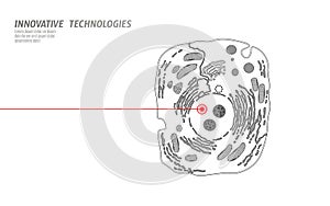 Microscopic animal cell. Modified GMO human cell gene therapy engeneering. White scheme red laser vector illutration