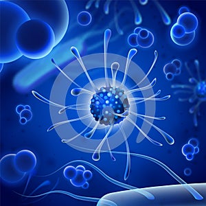 Microscopic bacteria. Bacterium microorganism, viruses and microbes backdrop. Microbiology virus science 3d vector background