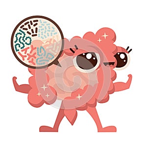 Microscopic bacterias childish concept. Good Microflora, viruses in Intestine. Vector flat illustration icon cartoon