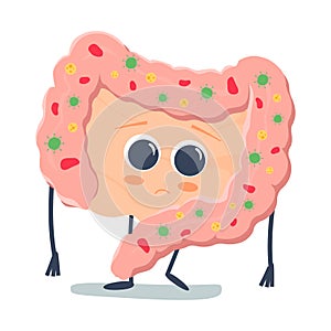 Microscopic bad bacterias. microflora, viruses in sick unhealthy Intestine. Vector flat illustration icon cartoon. photo