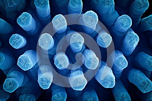 Microscopic blue bacteria cluster 3D render, bio-tech science design.