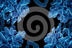 Microscopic blue bacteria cluster 3D render, bio-tech science design.