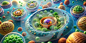 Microscopic cellular structures a detailed visualization of organelles within a complex biological system. Generative AI