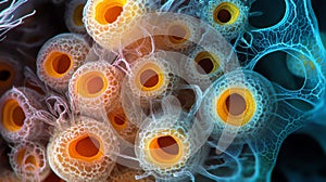 A microscopic civilization living on the surface of a pollen grain, seen through a highpowered microscope