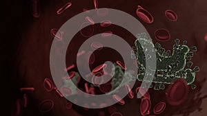 Microscopic 3D rendering view of virus shaped as symbol of sleigh inside vein with red blood cells