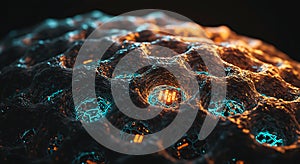 Microscopic data cells glowing blue and orange