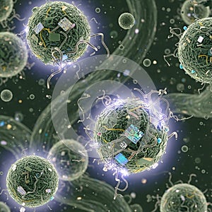 A microscopic environment, featuring spherical, cell-like structures