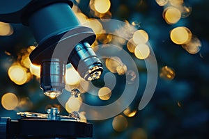 Microscopic exploration under dramatic lighting with a close-up of a microscope lens