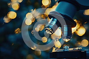 Microscopic exploration under dramatic lighting with a close-up of a microscope lens