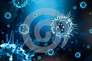 Microscopic generic virus cell 3D rendering illustration on a blue background. Microbiology, contagion, infection, epidemic,