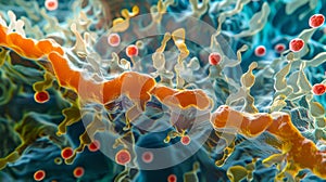 A microscopic image of a bacterial cell wall revealing its unique composition of peptidoglycan layers and photo